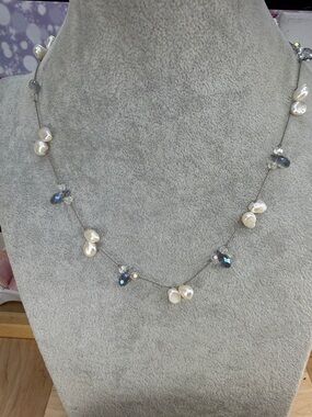 Delicate White Pearl and Gray Crystal Station Necklace